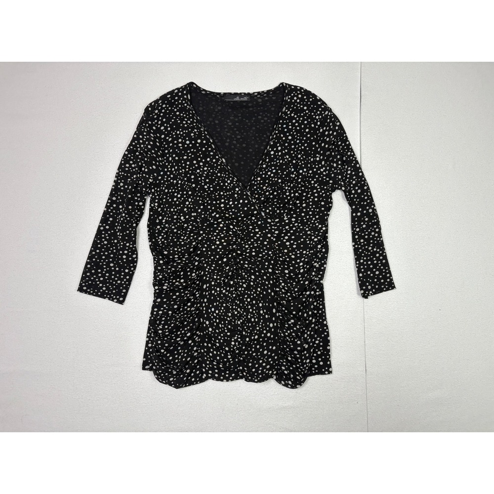 Willi Smith Womens Black Polka Dot Ruched V-Neck 3/4 Sleeve Mesh Top Large
